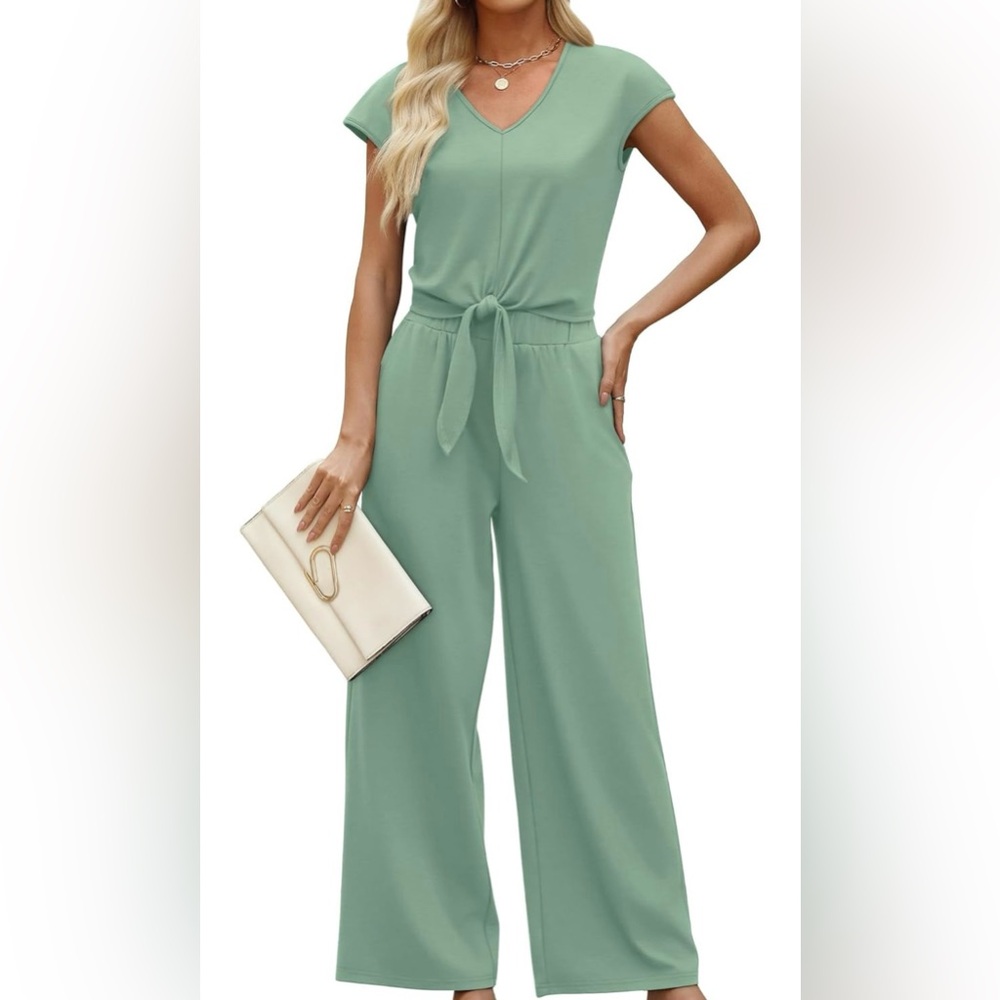 2 Lounge Piece V Neck Tied Front Short Sleeve Top+Elastic Waist Pockets Bottoms💚